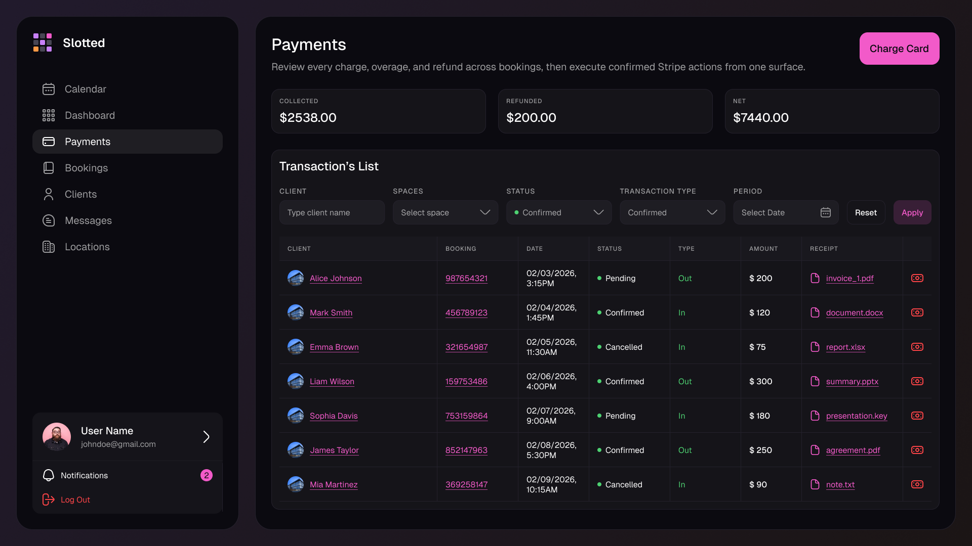 Slotted payments screen with Stripe-powered transaction actions